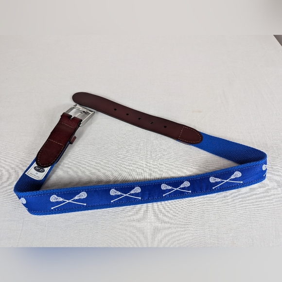 Kids Lacrosse Belt Brown Leather Blue Canvas Solid Brass Sports Team Sz 28 - Picture 3 of 8